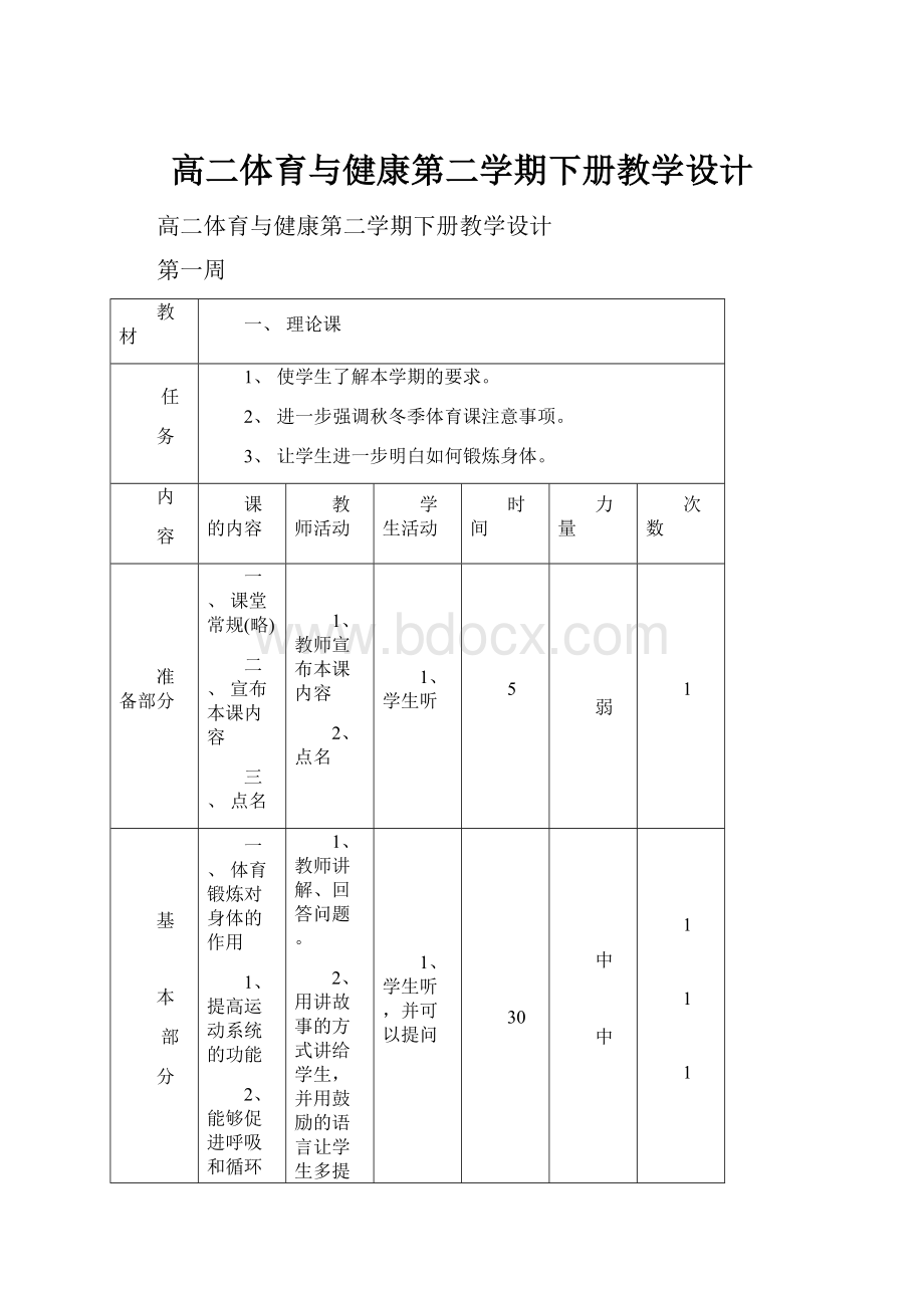 高二体育与健康第二学期下册教学设计.docx_第1页