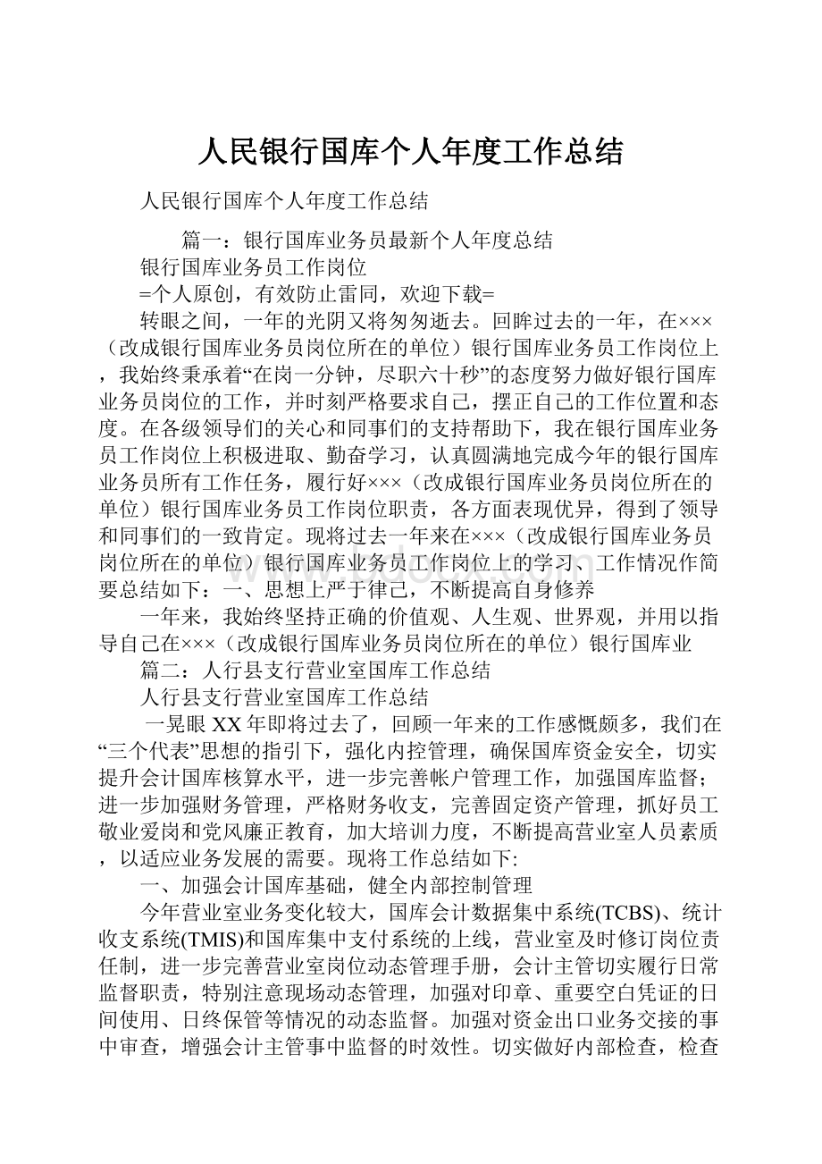 人民银行国库个人年度工作总结Word下载.docx