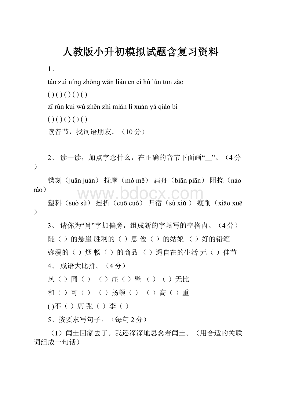 人教版小升初模拟试题含复习资料.docx_第1页