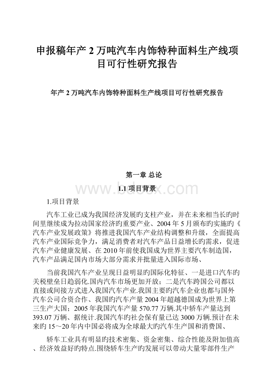 申报稿年产2万吨汽车内饰特种面料生产线项目可行性研究报告Word格式.docx_第1页