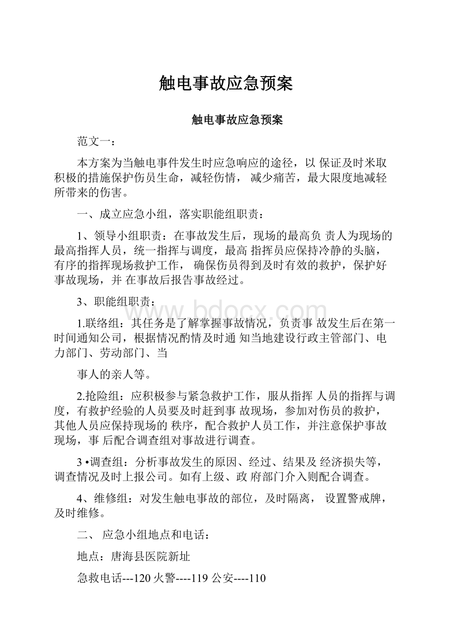 触电事故应急预案文档格式.docx