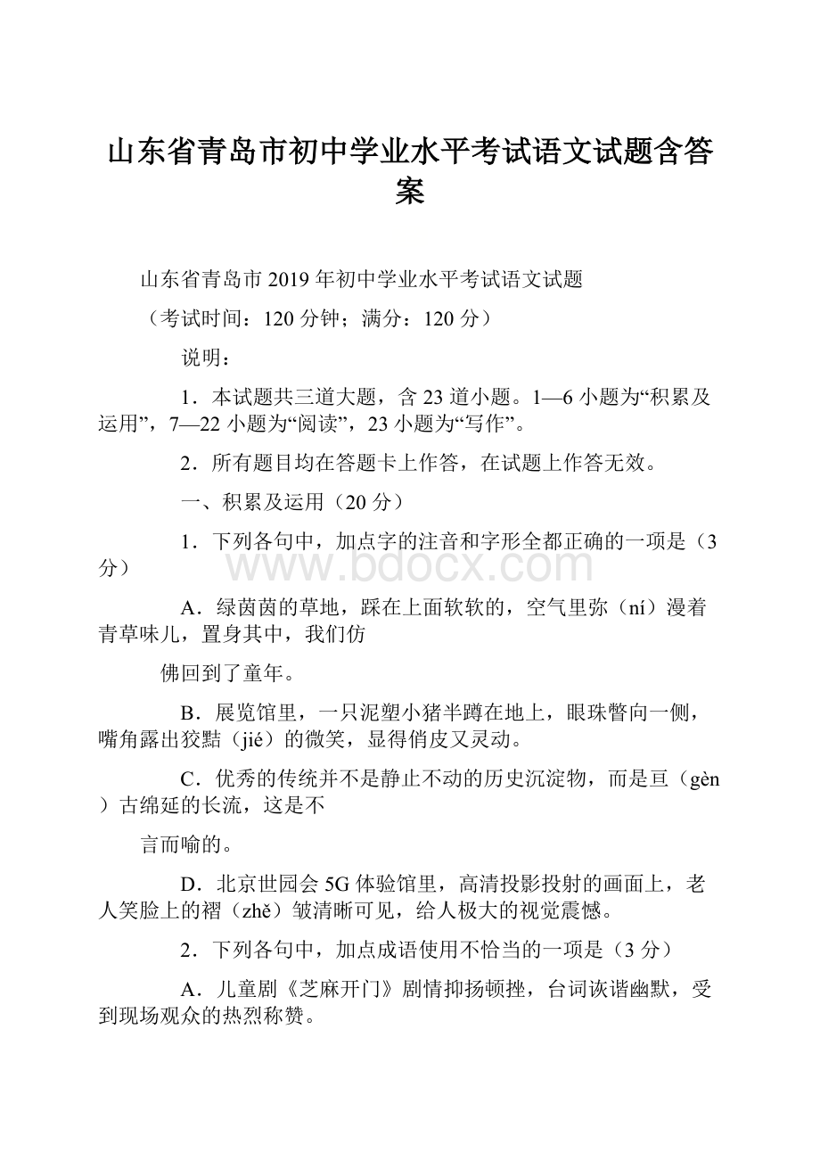 山东省青岛市初中学业水平考试语文试题含答案.docx_第1页