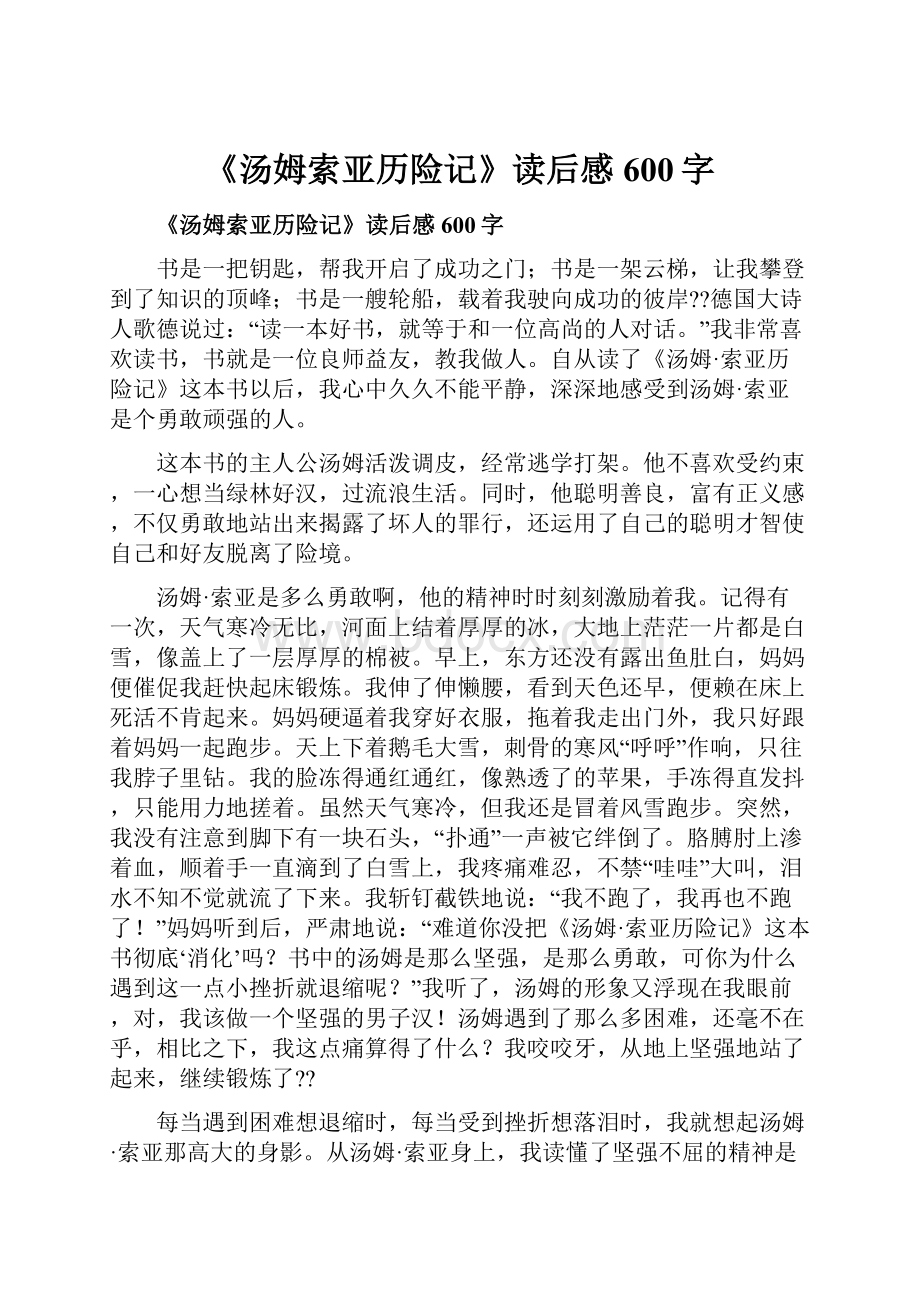 《汤姆索亚历险记》读后感600字.docx