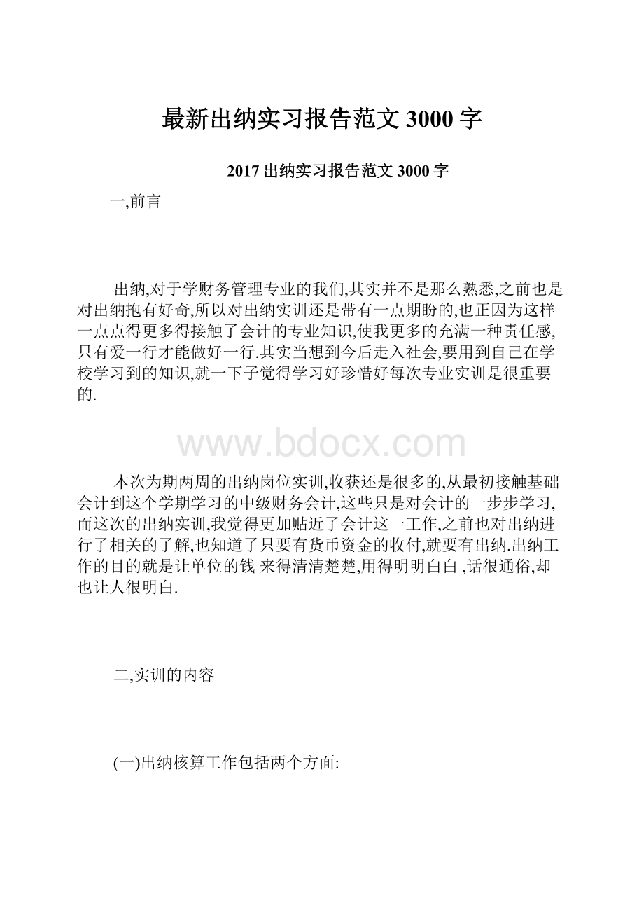 最新出纳实习报告范文3000字Word格式文档下载.docx