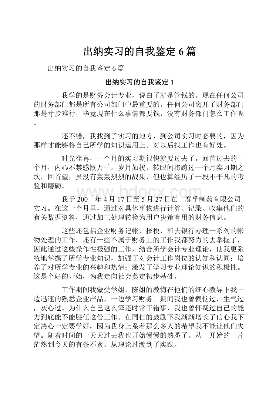 出纳实习的自我鉴定6篇文档格式.docx