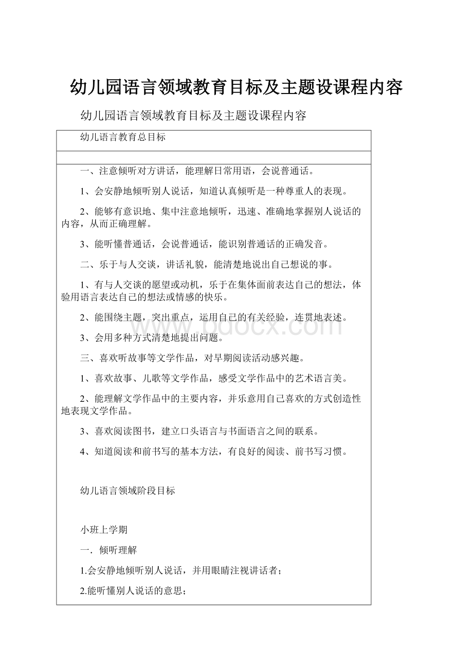 幼儿园语言领域教育目标及主题设课程内容Word下载.docx_第1页