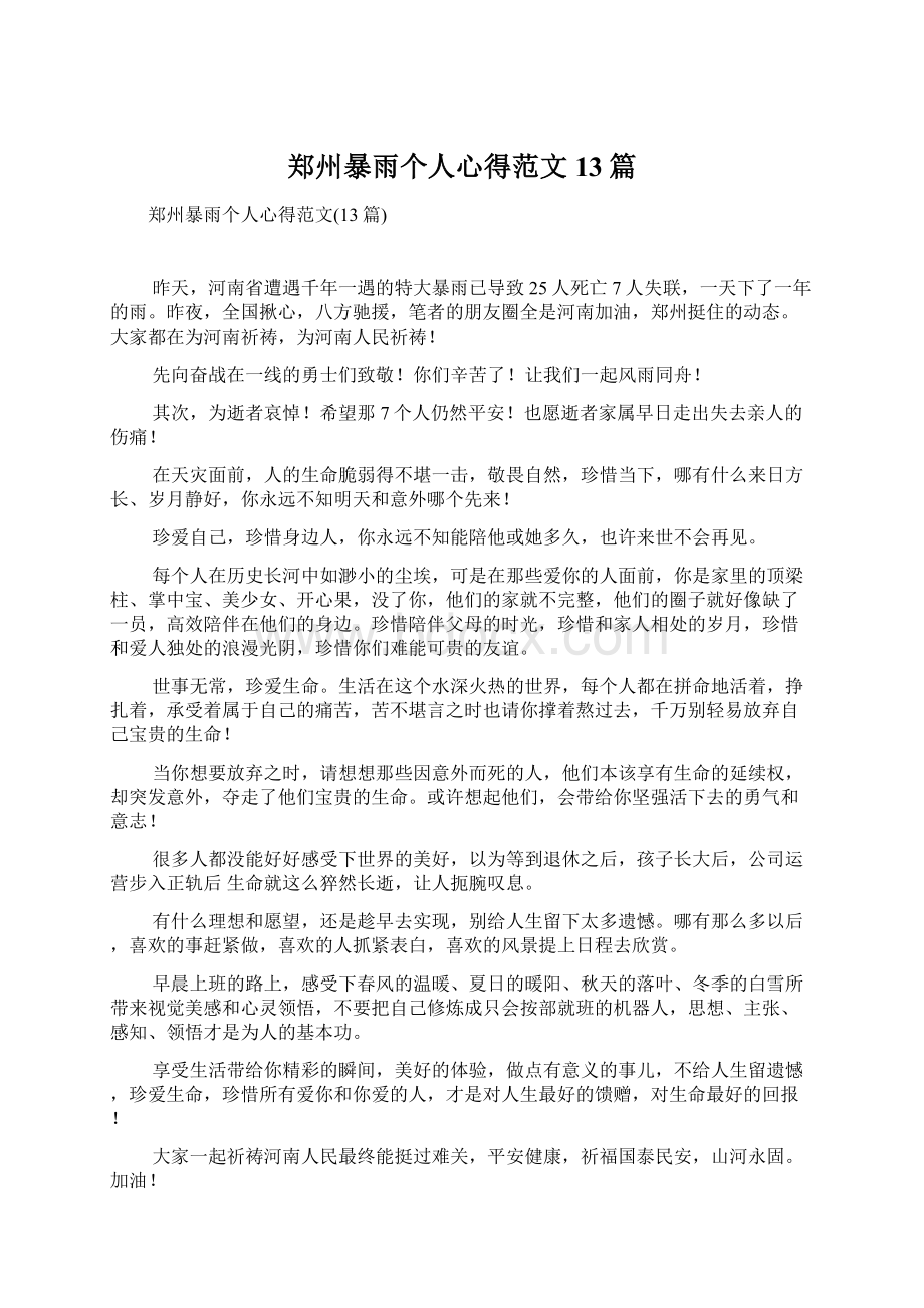 郑州暴雨个人心得范文13篇Word格式文档下载.docx