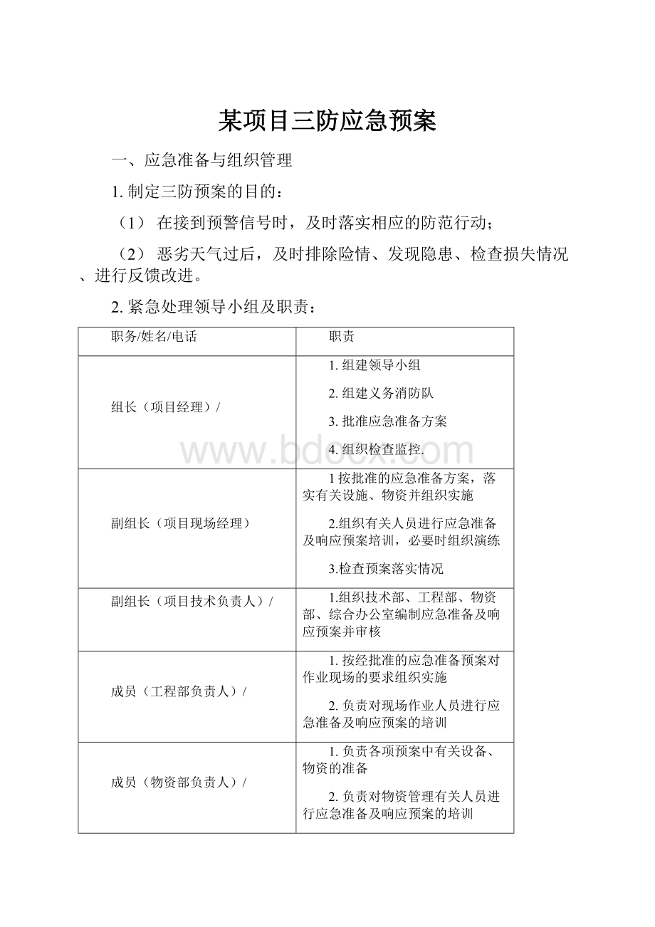 某项目三防应急预案文档格式.docx_第1页