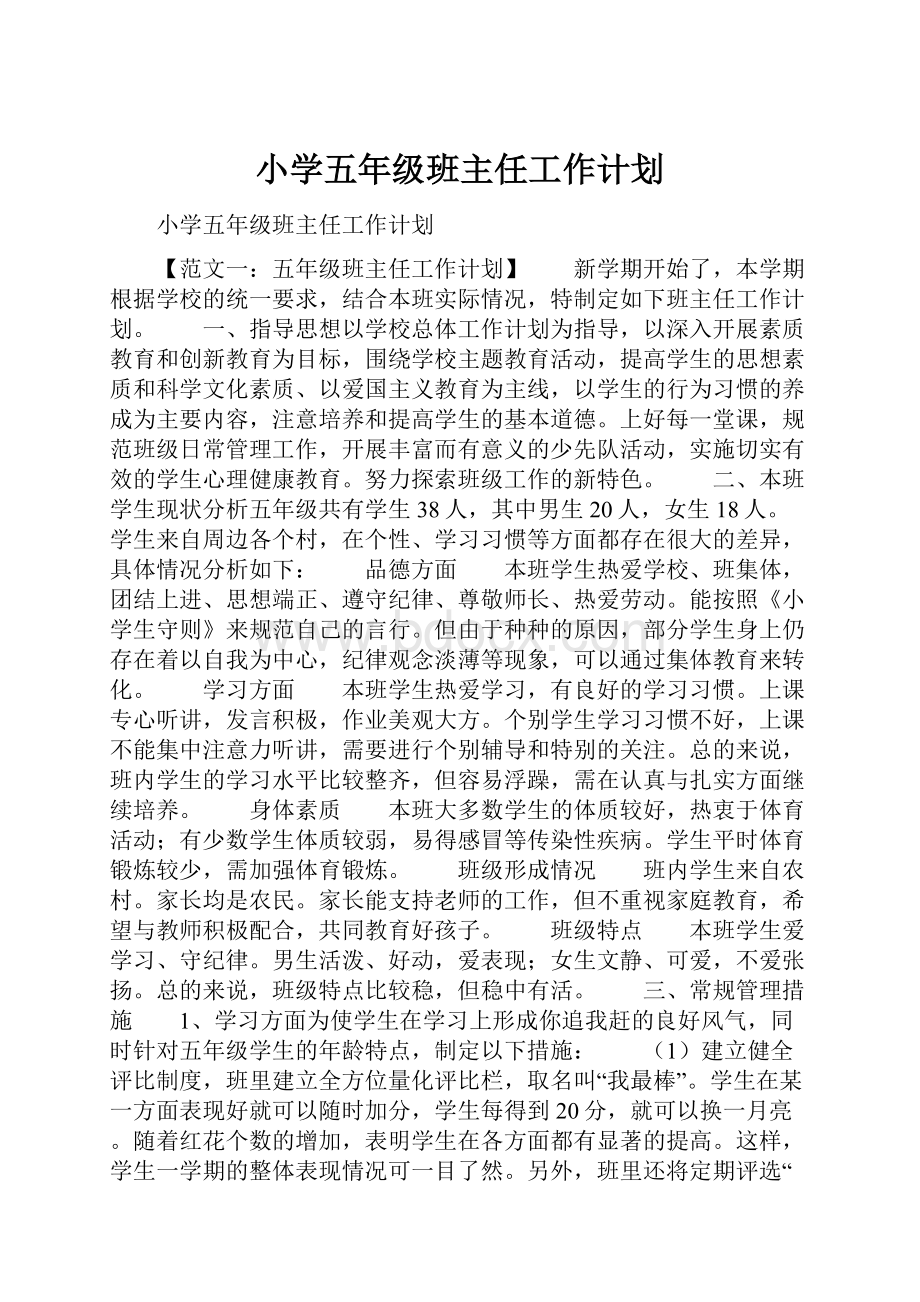 小学五年级班主任工作计划.docx