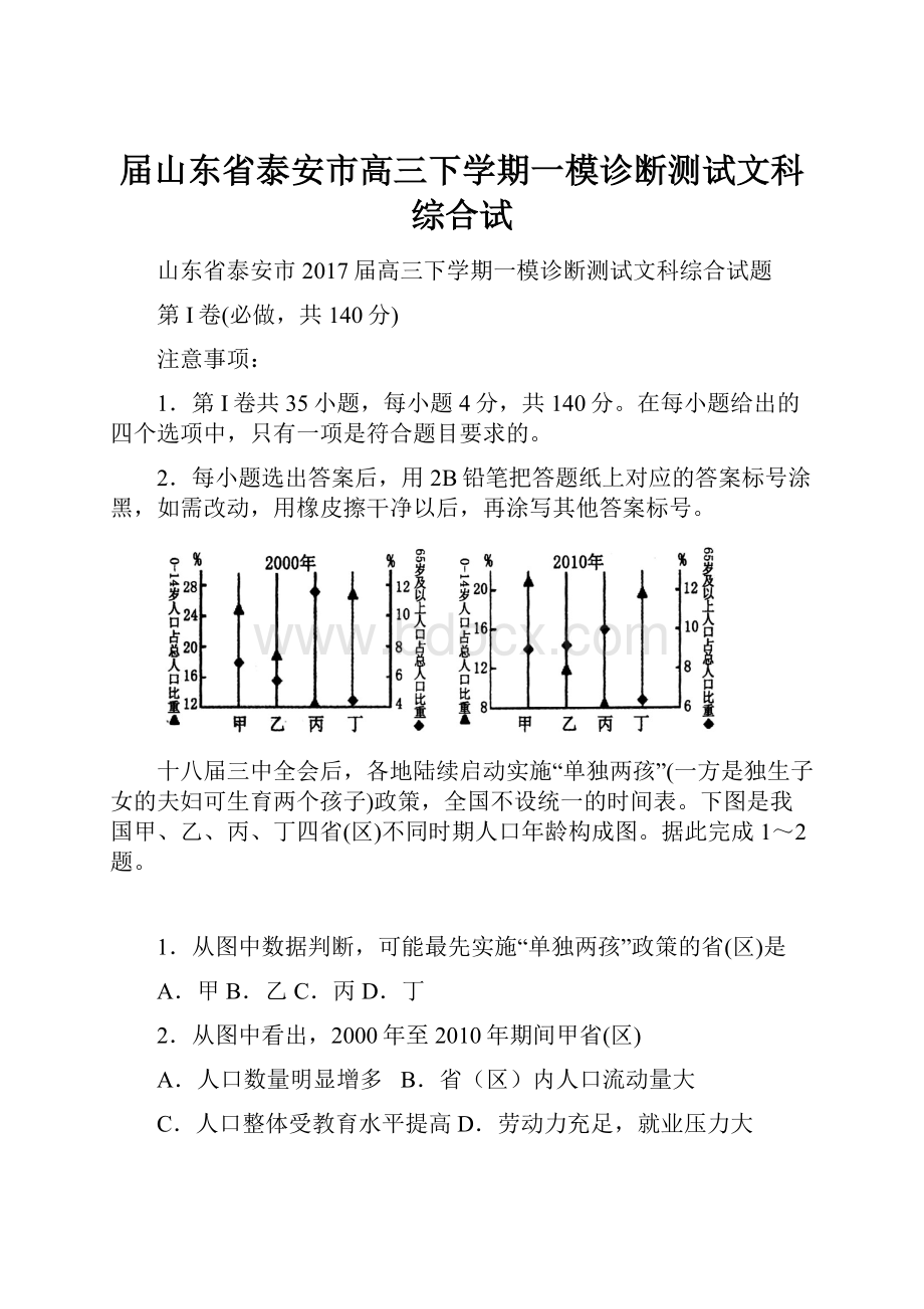 届山东省泰安市高三下学期一模诊断测试文科综合试Word文档格式.docx_第1页