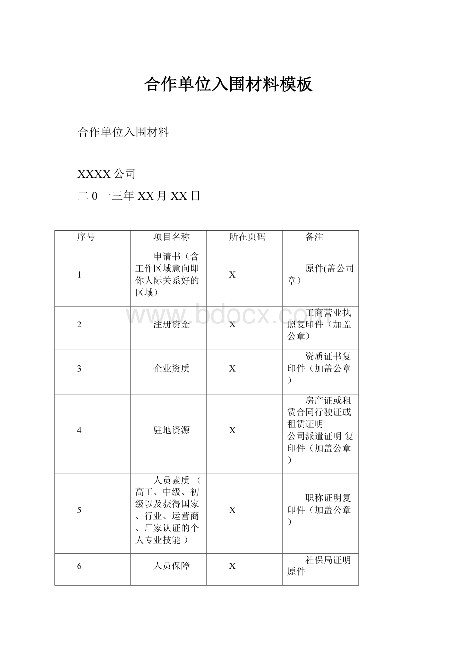 合作单位入围材料模板Word文档格式.docx