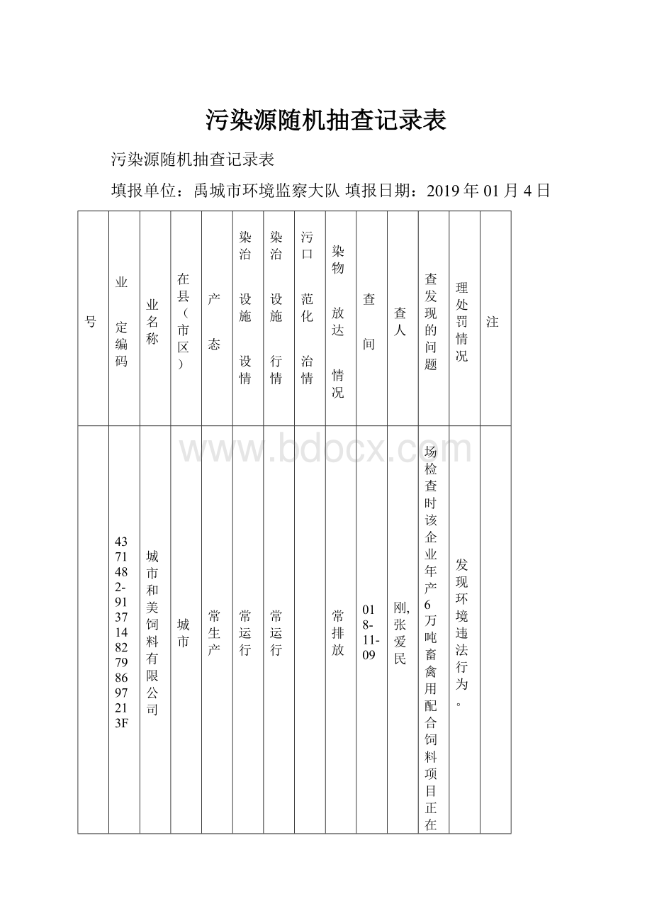 污染源随机抽查记录表Word下载.docx