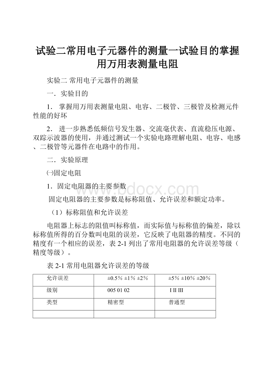 试验二常用电子元器件的测量一试验目的掌握用万用表测量电阻.docx