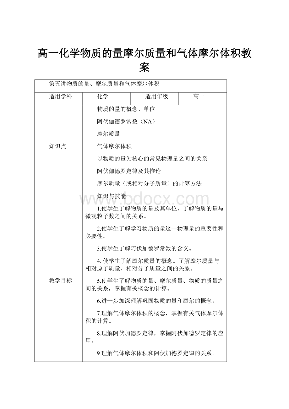 高一化学物质的量摩尔质量和气体摩尔体积教案.docx_第1页