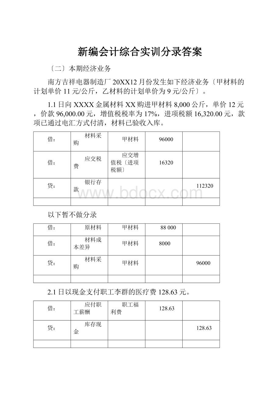 新编会计综合实训分录答案.docx