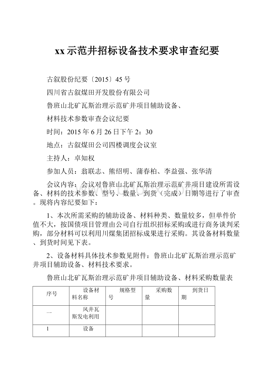 xx示范井招标设备技术要求审查纪要Word文件下载.docx