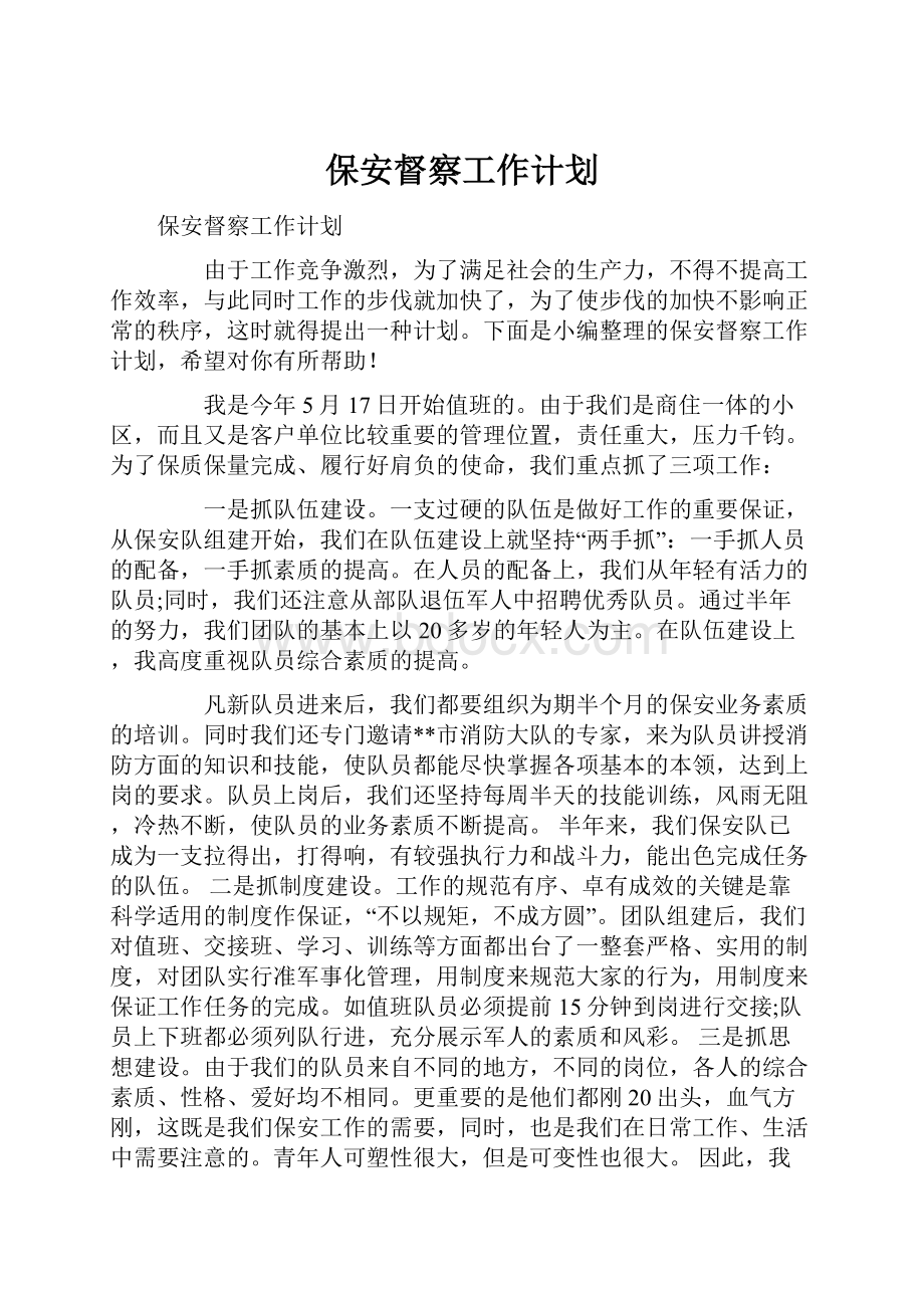 保安督察工作计划Word格式文档下载.docx_第1页