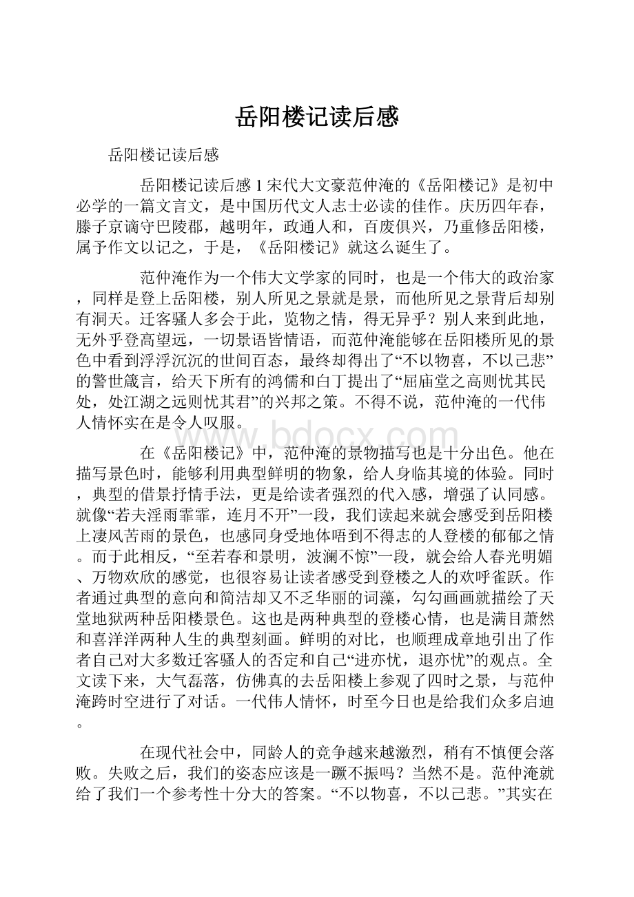 岳阳楼记读后感Word文档格式.docx