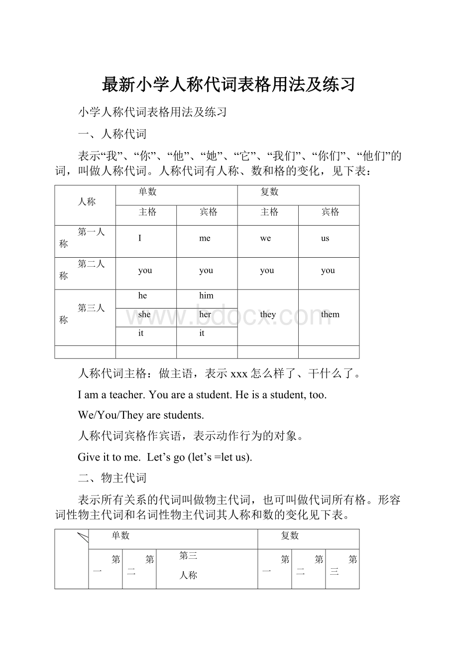 最新小学人称代词表格用法及练习文档格式.docx