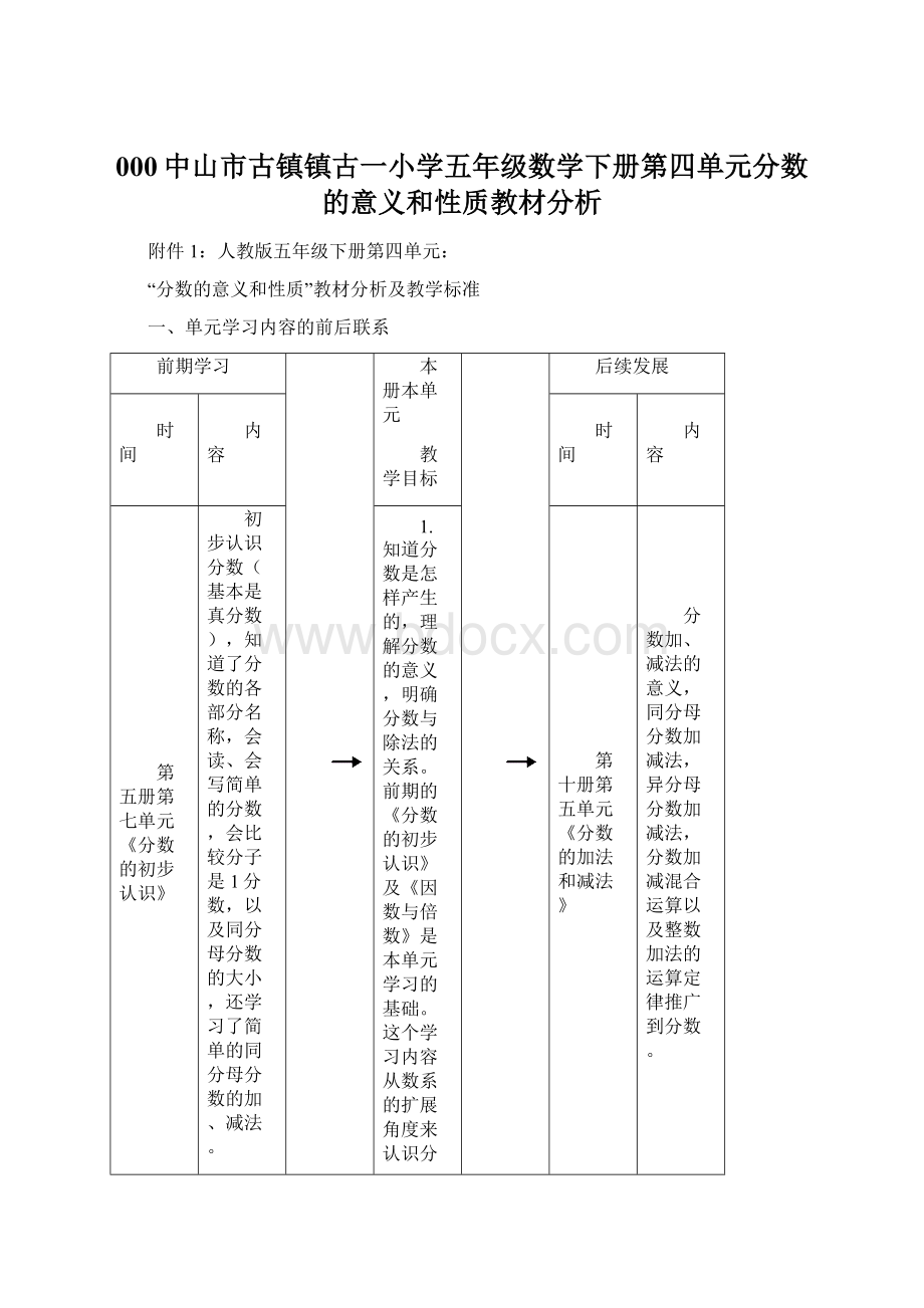 000中山市古镇镇古一小学五年级数学下册第四单元分数的意义和性质教材分析Word文档格式.docx