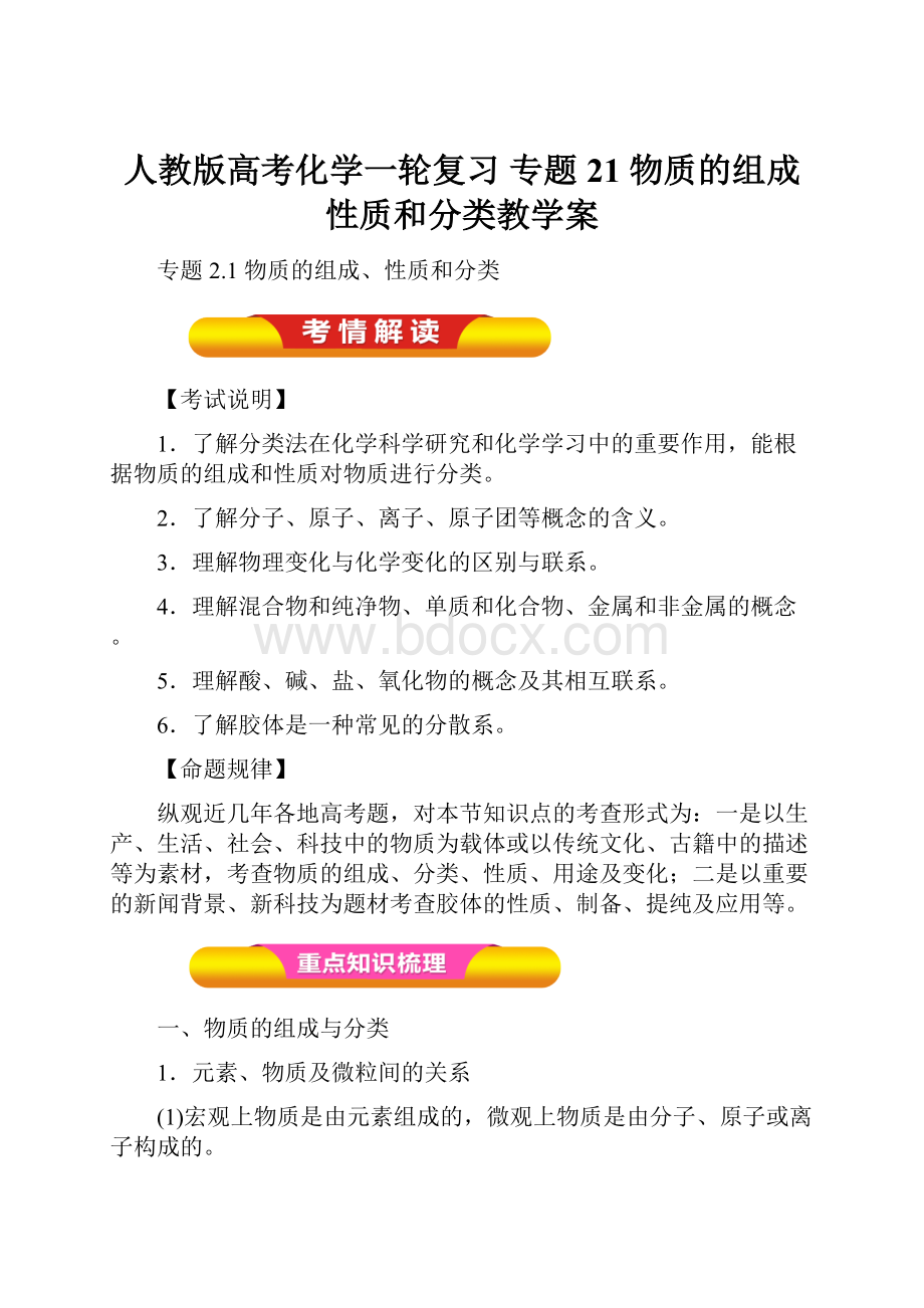 人教版高考化学一轮复习 专题21 物质的组成性质和分类教学案.docx