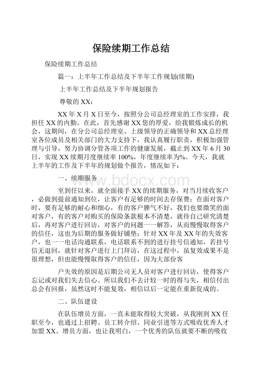 保险续期工作总结文档格式.docx