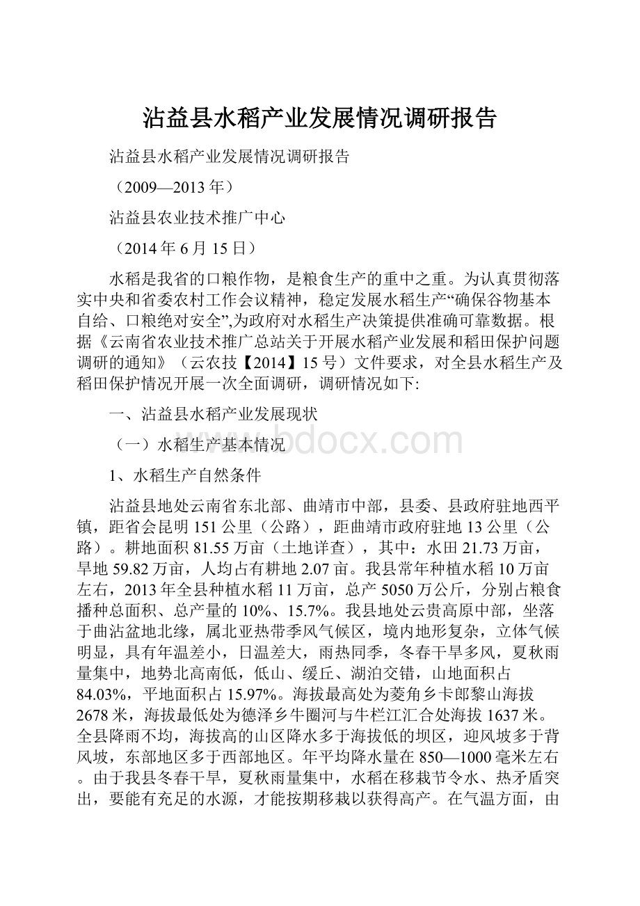 沾益县水稻产业发展情况调研报告Word格式.docx