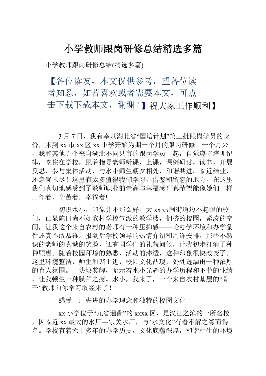 小学教师跟岗研修总结精选多篇Word文档格式.docx