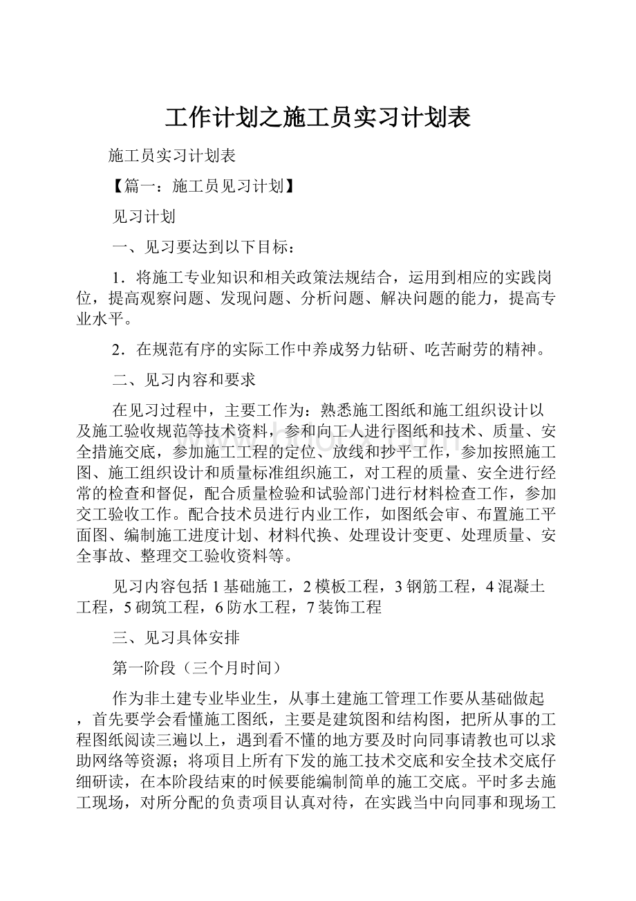 工作计划之施工员实习计划表.docx