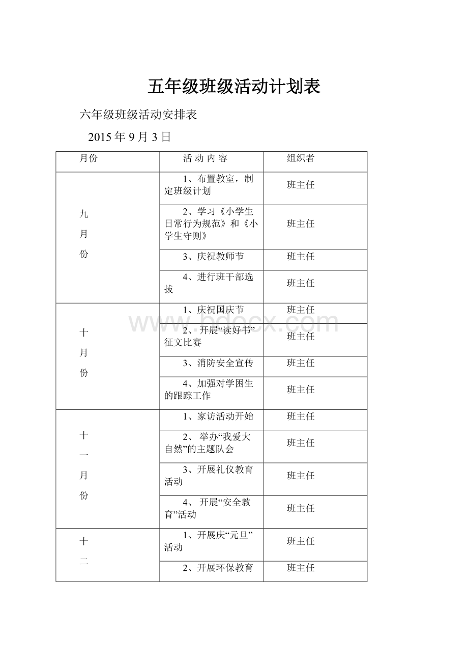 五年级班级活动计划表.docx_第1页