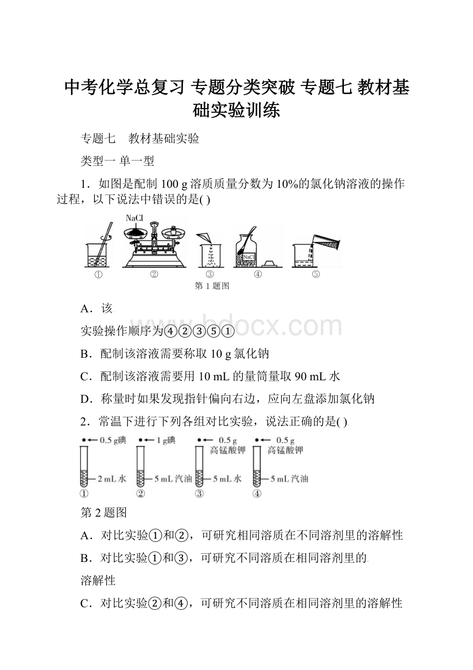 中考化学总复习 专题分类突破 专题七 教材基础实验训练Word文件下载.docx_第1页