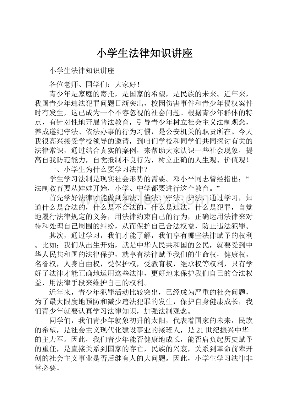 小学生法律知识讲座Word格式文档下载.docx_第1页