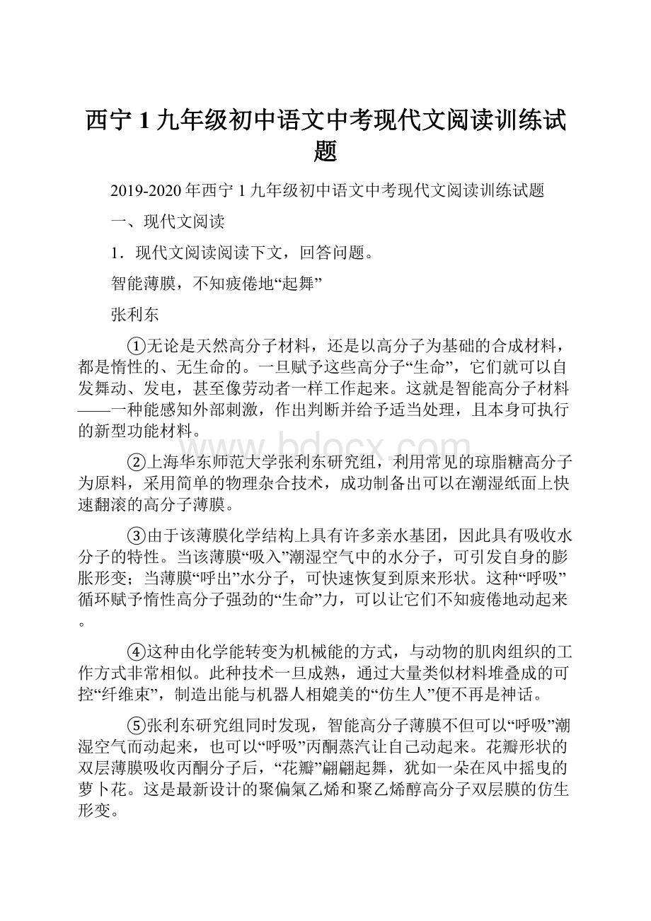 西宁1九年级初中语文中考现代文阅读训练试题.docx