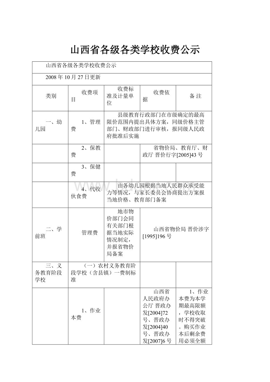 山西省各级各类学校收费公示文档格式.docx