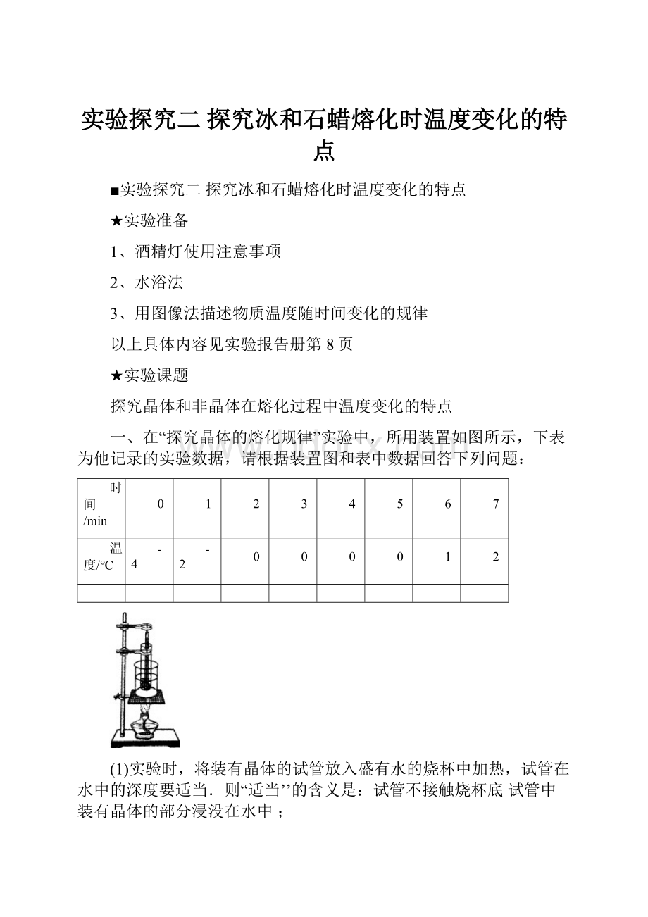 实验探究二 探究冰和石蜡熔化时温度变化的特点Word文档下载推荐.docx_第1页