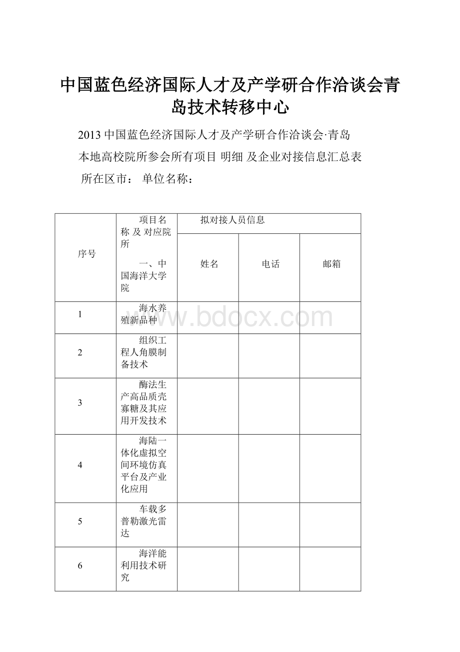 中国蓝色经济国际人才及产学研合作洽谈会青岛技术转移中心文档格式.docx_第1页