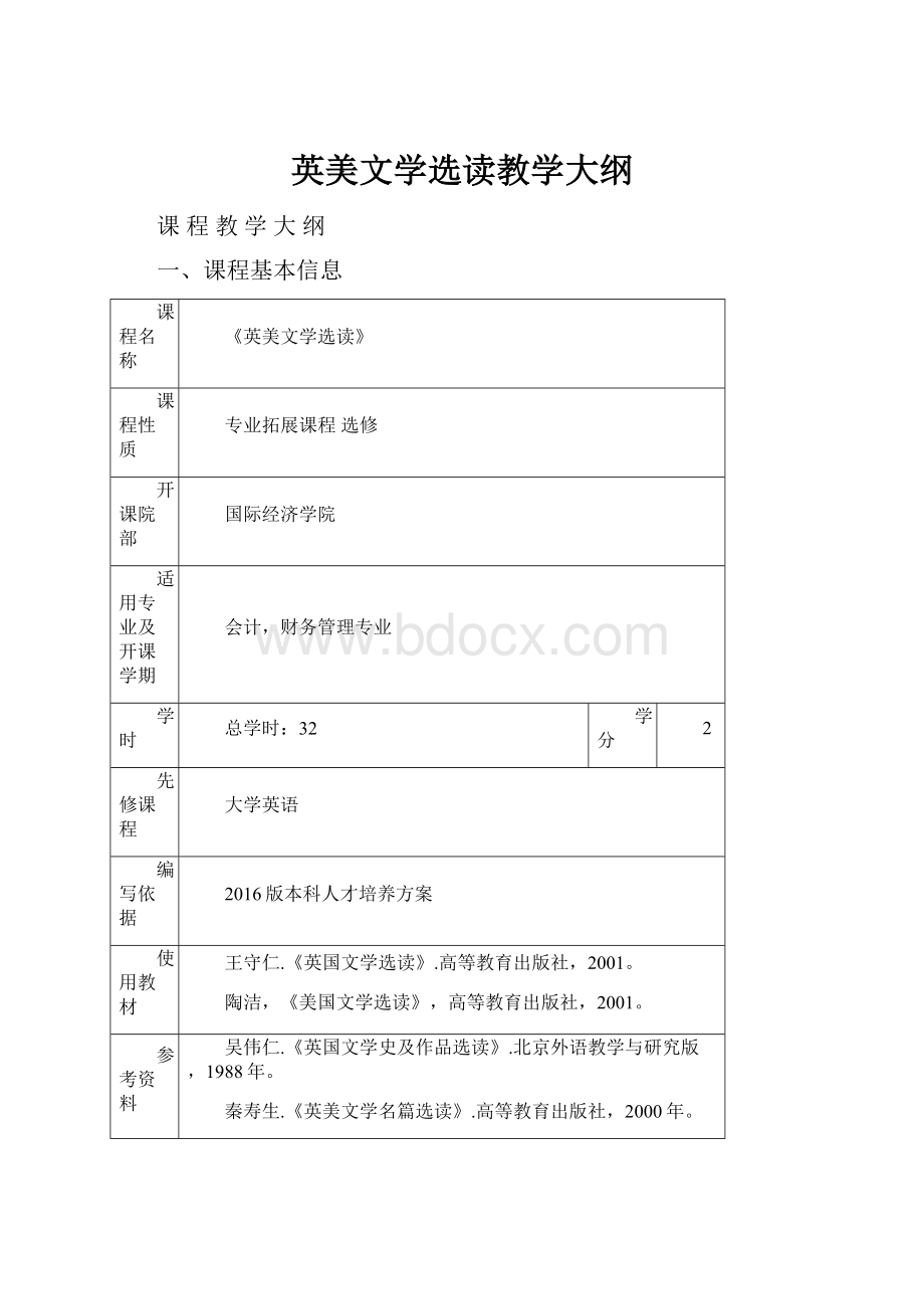 英美文学选读教学大纲.docx_第1页