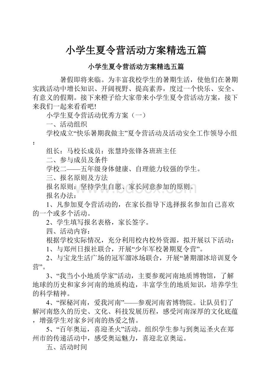 小学生夏令营活动方案精选五篇.docx