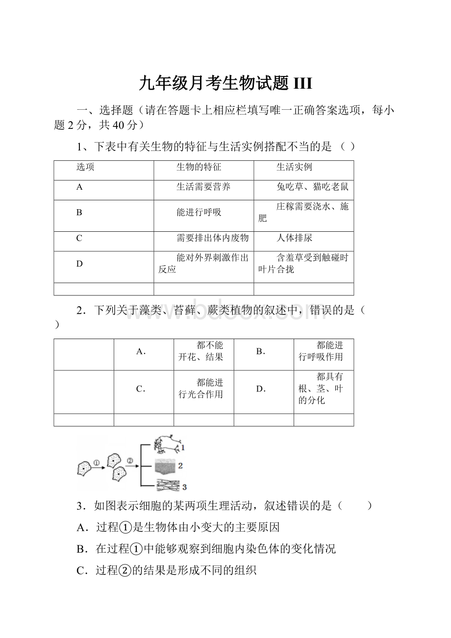 九年级月考生物试题IIIWord格式.docx