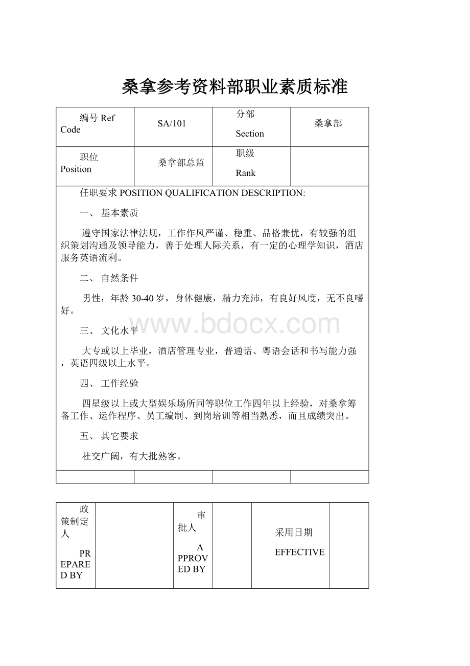 桑拿参考资料部职业素质标准.docx_第1页