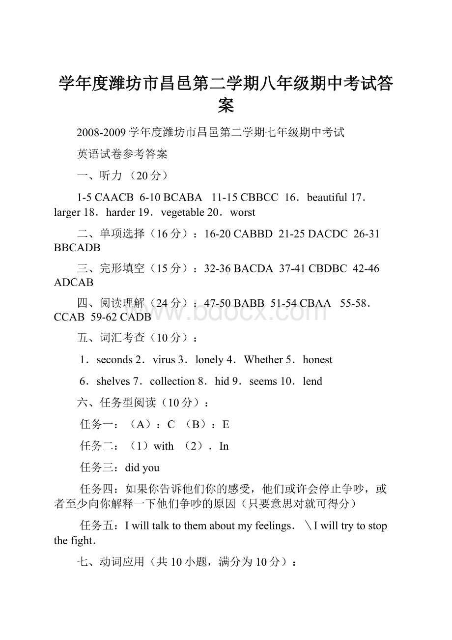 学年度潍坊市昌邑第二学期八年级期中考试答案Word文档格式.docx