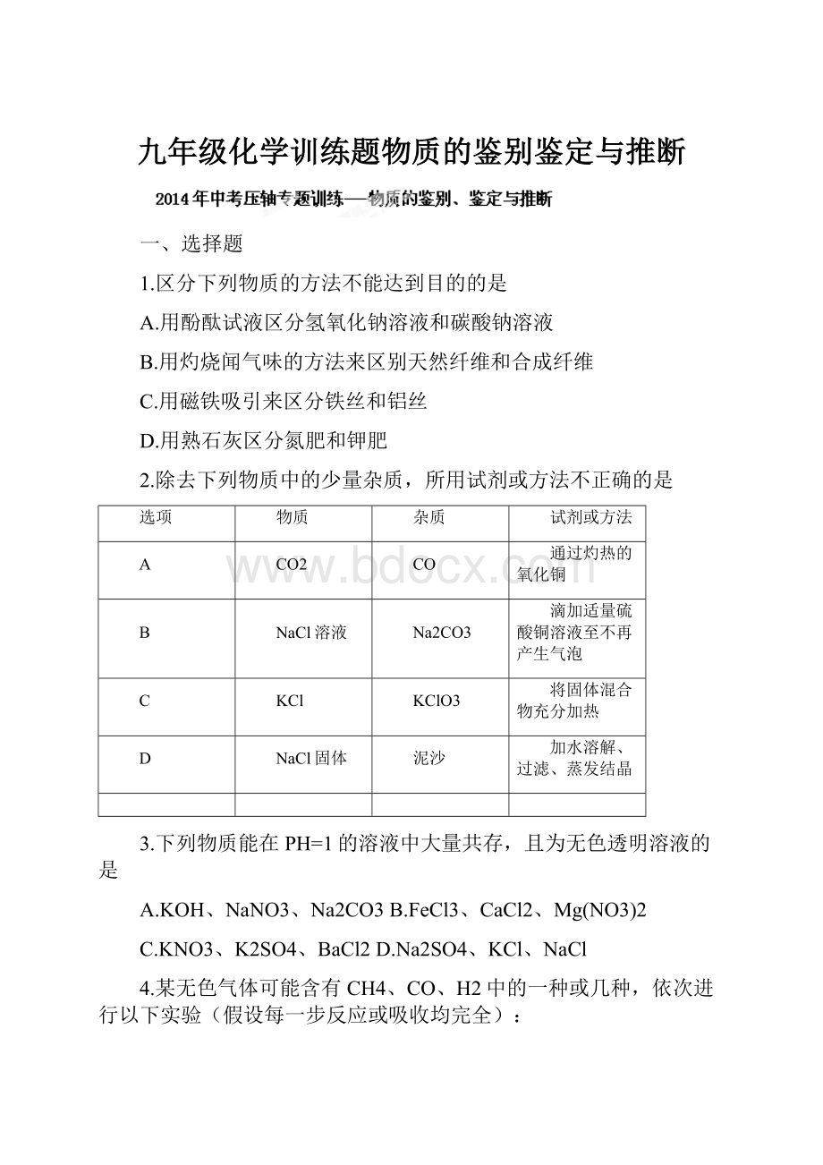 九年级化学训练题物质的鉴别鉴定与推断Word格式.docx