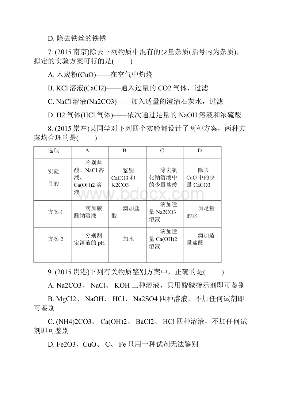 江西中考化学真题集锦专题三 物质的检验与鉴别分离与除杂和共存Word文件下载.docx_第3页