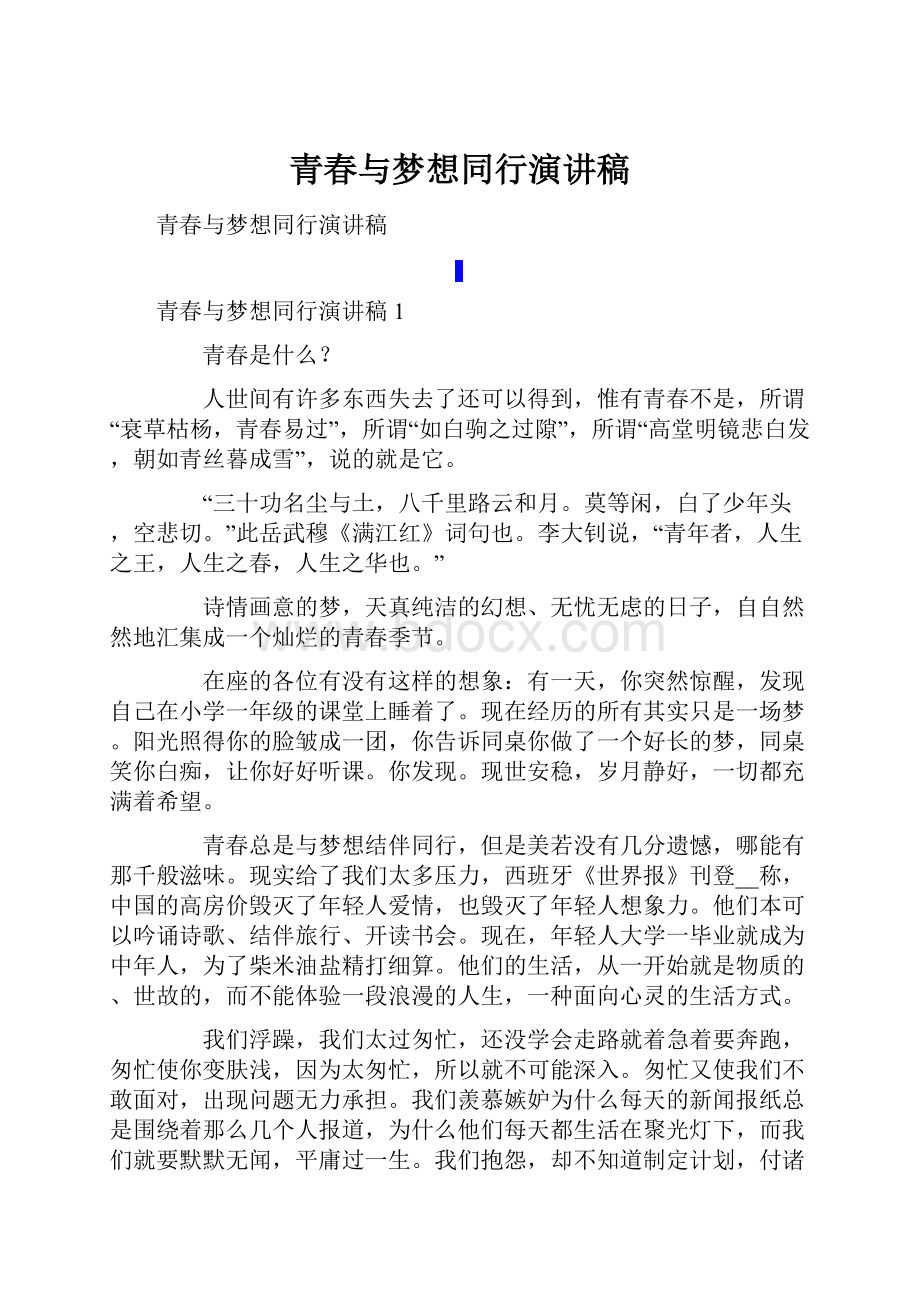 青春与梦想同行演讲稿Word文档格式.docx