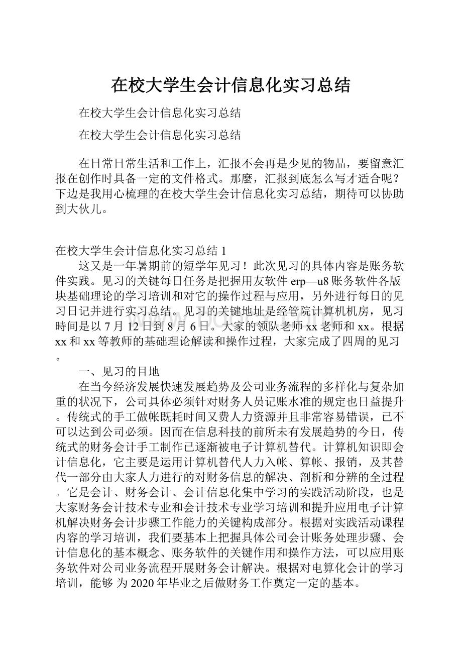 在校大学生会计信息化实习总结文档格式.docx_第1页