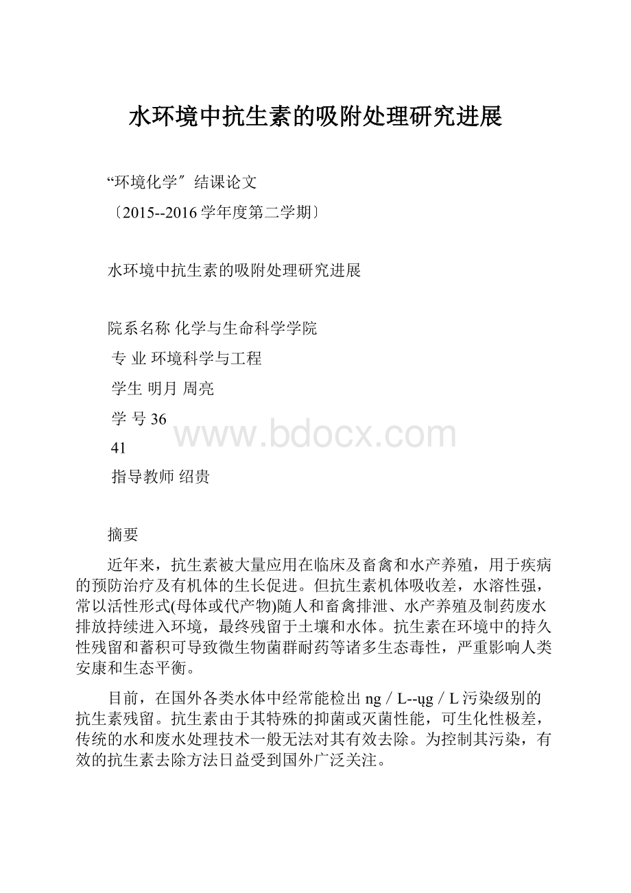 水环境中抗生素的吸附处理研究进展文档格式.docx