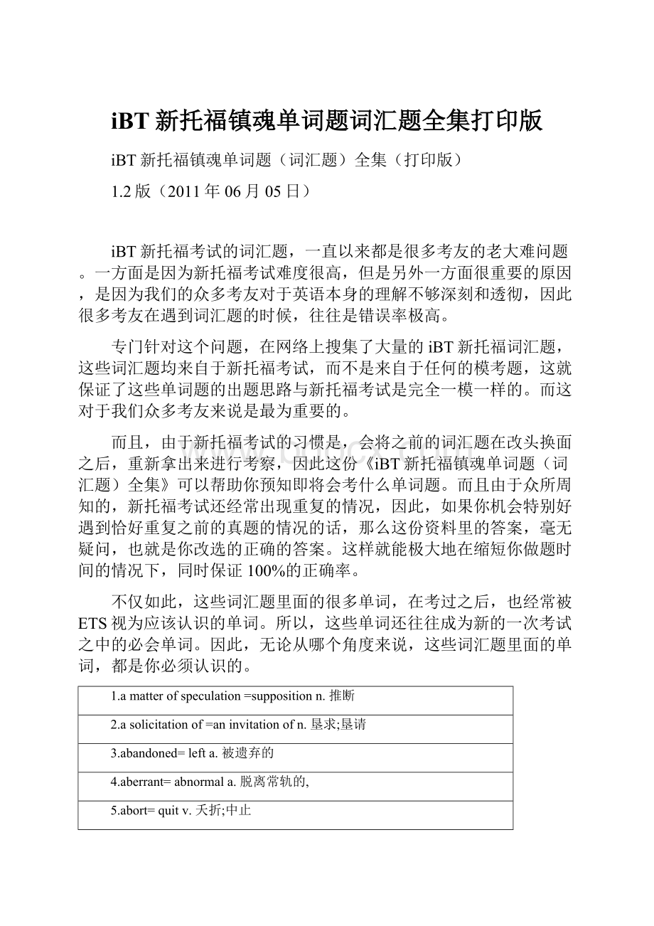 iBT新托福镇魂单词题词汇题全集打印版Word格式.docx_第1页