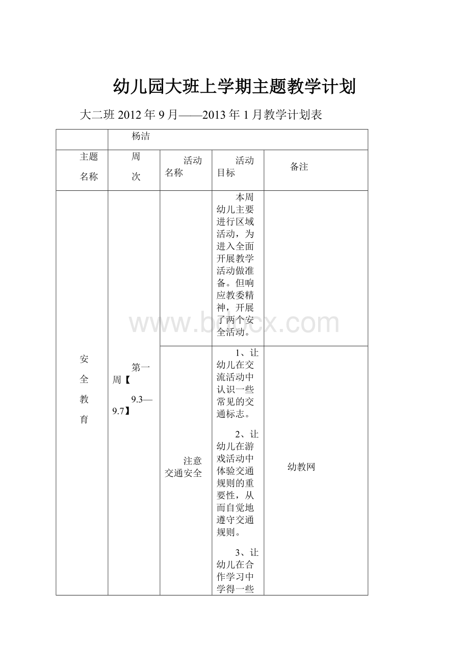 幼儿园大班上学期主题教学计划.docx_第1页