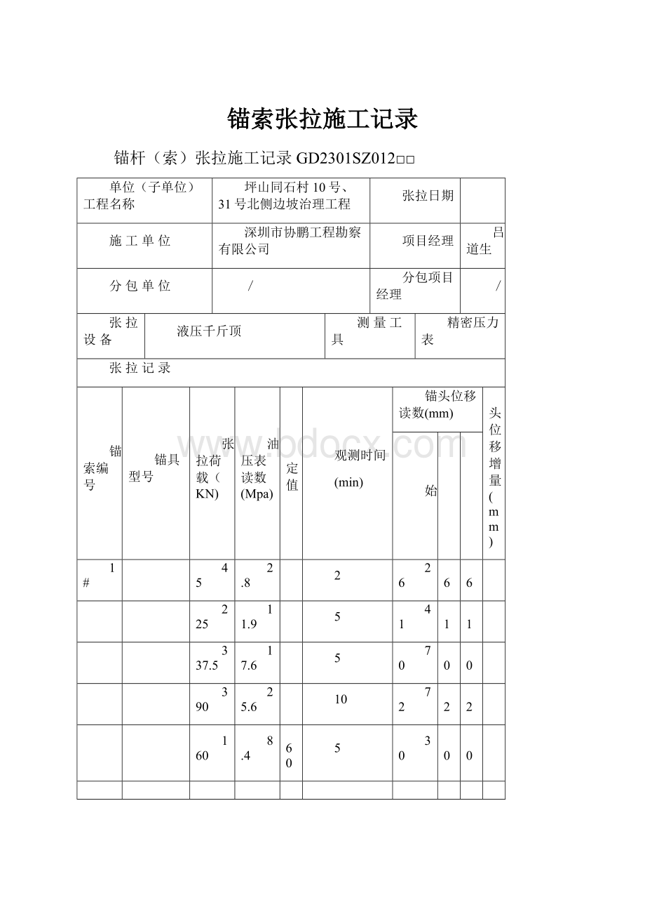 锚索张拉施工记录文档格式.docx