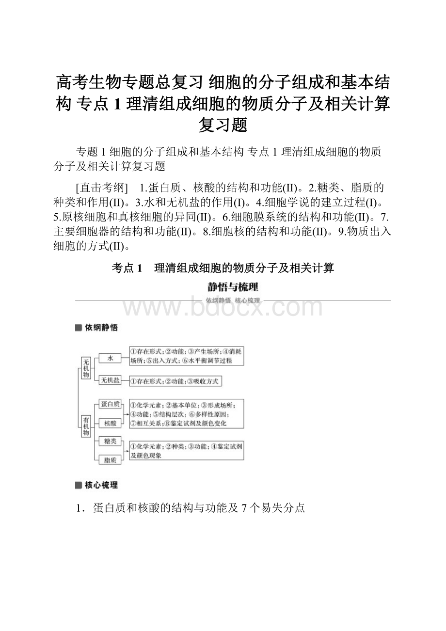 高考生物专题总复习细胞的分子组成和基本结构 专点1 理清组成细胞的物质分子及相关计算复习题.docx